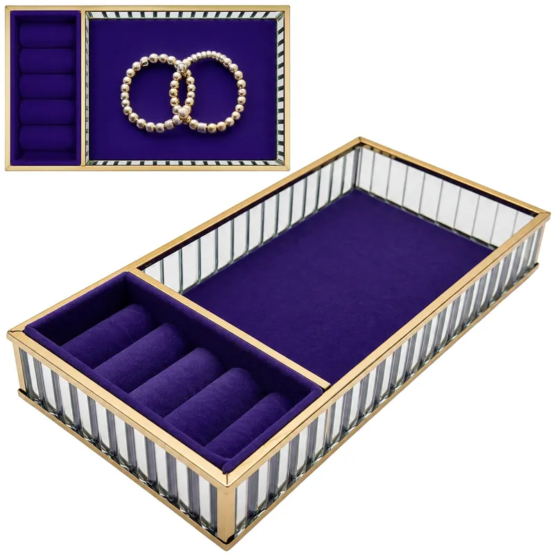 Szklana Szkatułka Na Biżuterię 26x13x4cm Organizer Welurowa - Fioletowa
