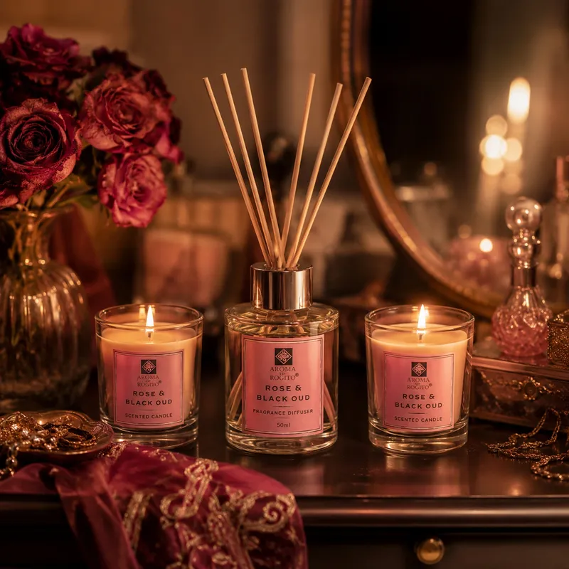 Zestaw Dyfuzor Patyczki 50 ml + 2 Świece Rose & Black Oud