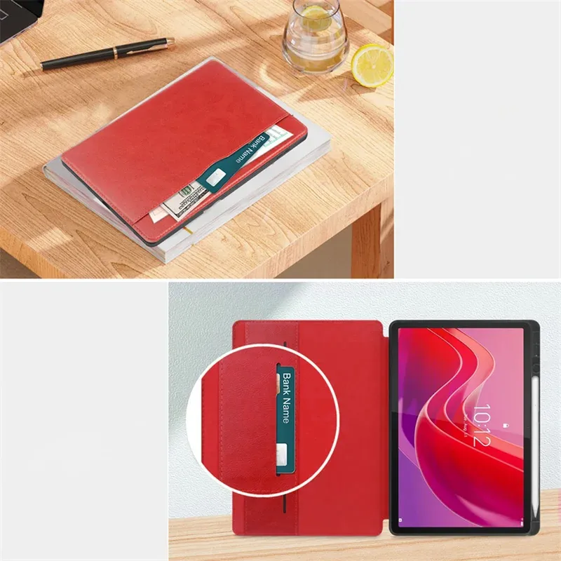 Etui Skórzane Do Lenovo Tab M11 10.95 Z Kieszeniami I Podstawką - Czerwone
