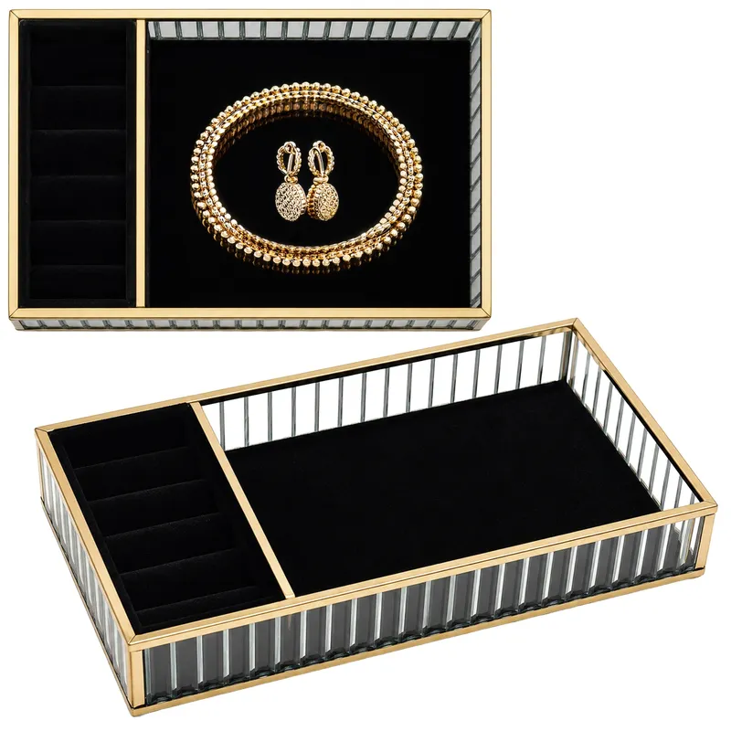 Szklana Szkatułka Na Biżuterię 26x13x4cm Organizer Welurowa - Czarna