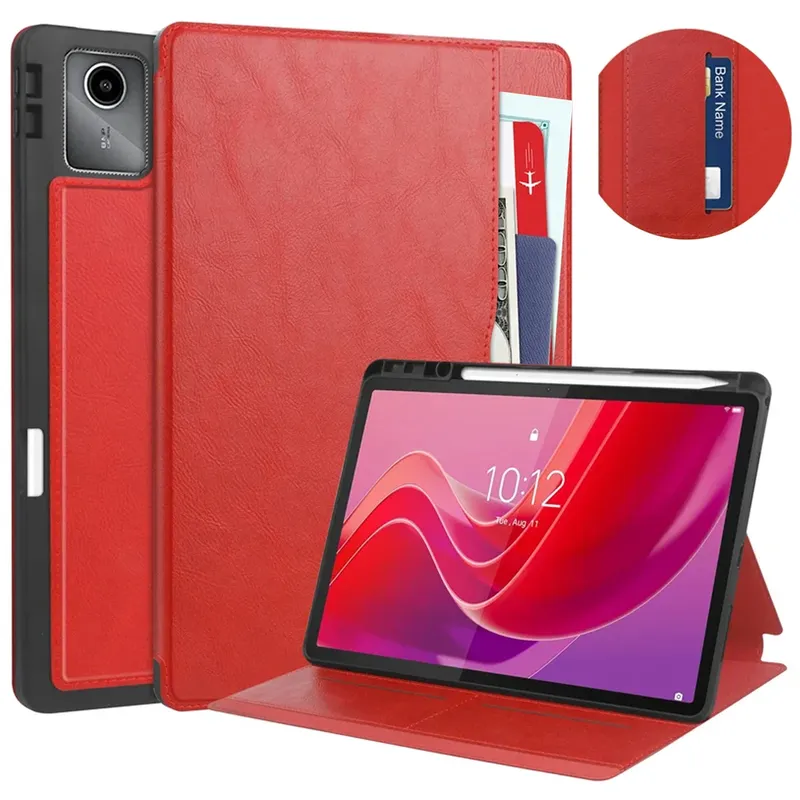 Etui Skórzane Do Lenovo Tab M11 10.95 Z Kieszeniami I Podstawką - Czerwone