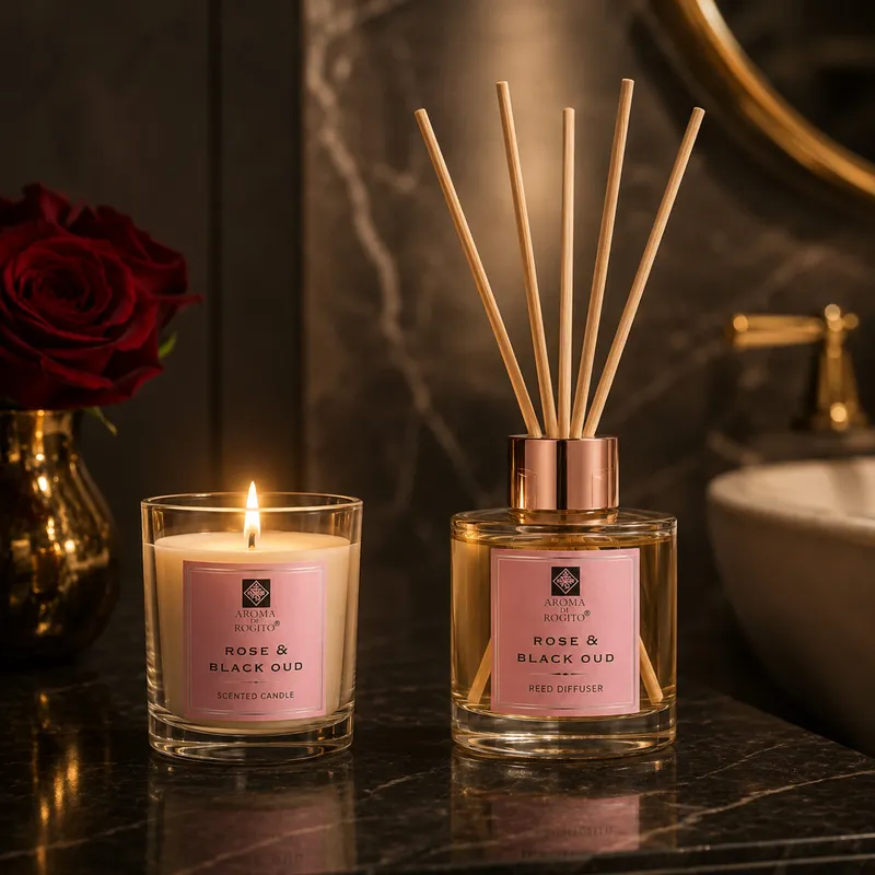 Zestaw Dyfuzor Patyczki 50 ml + 2 Świece Rose & Black Oud