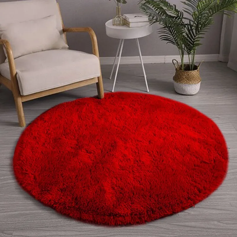 Dywan Okrągły Shaggy 90x90 cm Pluszowy Miękki - Czerwony