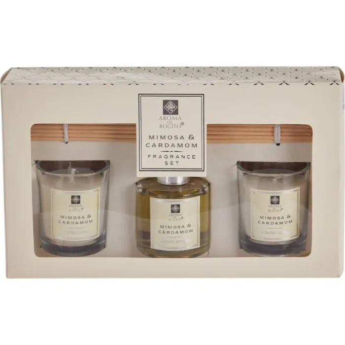 Zestaw Dyfuzor Zapachowy Patyczki 50 ml + Świece Mimosa & Cardamom