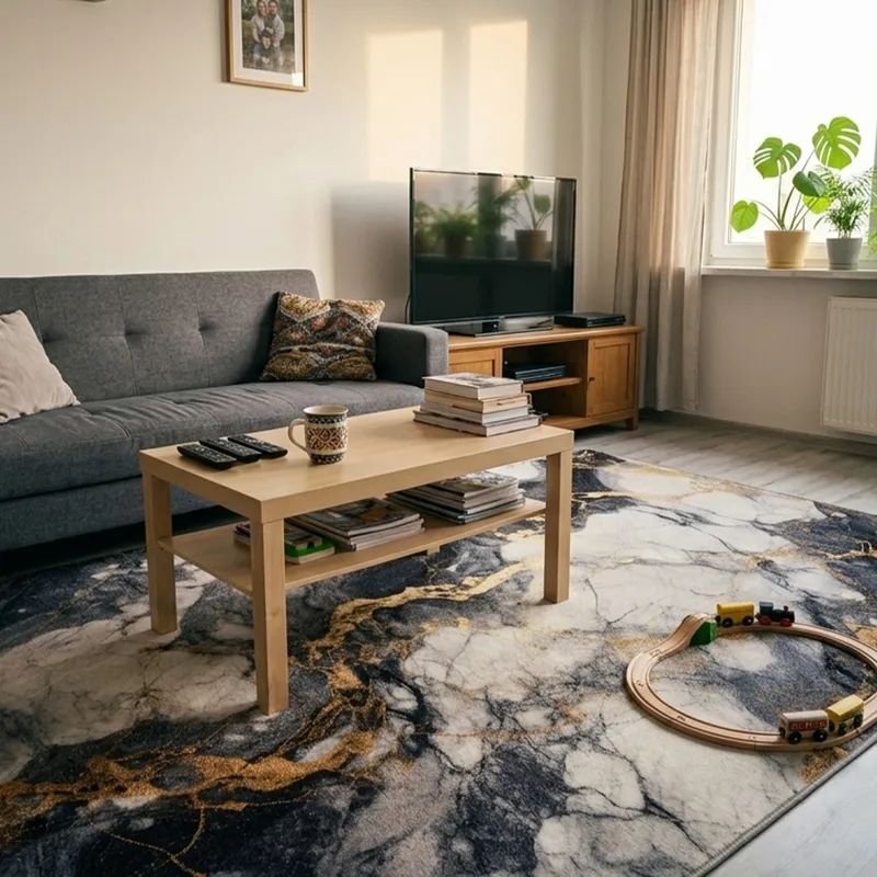Dywan Do Salonu 160x120 Nowoczesny NOVO Marmur Antypoślizgowy - Czarny