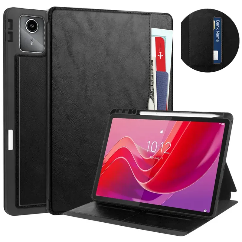 Etui Skórzane Do Lenovo Tab M11 10.95 Z Kieszeniami Na Karty - Czarne