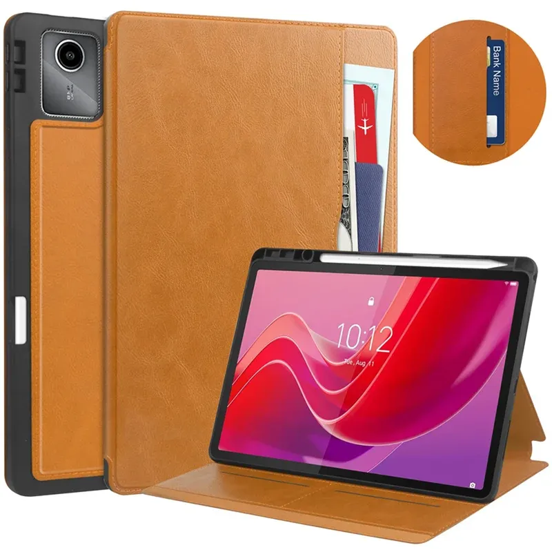 Etui Skórzane Lenovo Tab M11 10.95 Z Kieszeniami I Podstawką - Brązowe