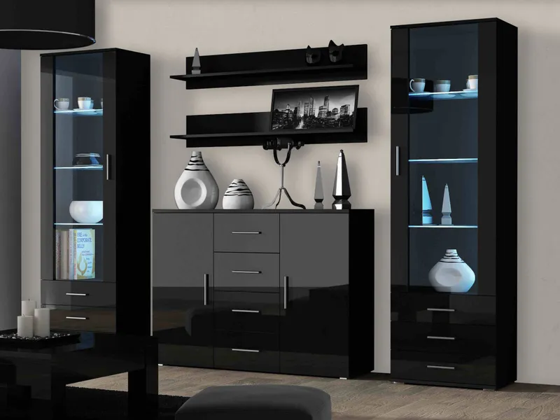 Meblościanka SINDI 3D Czarny / Czarny Połysk