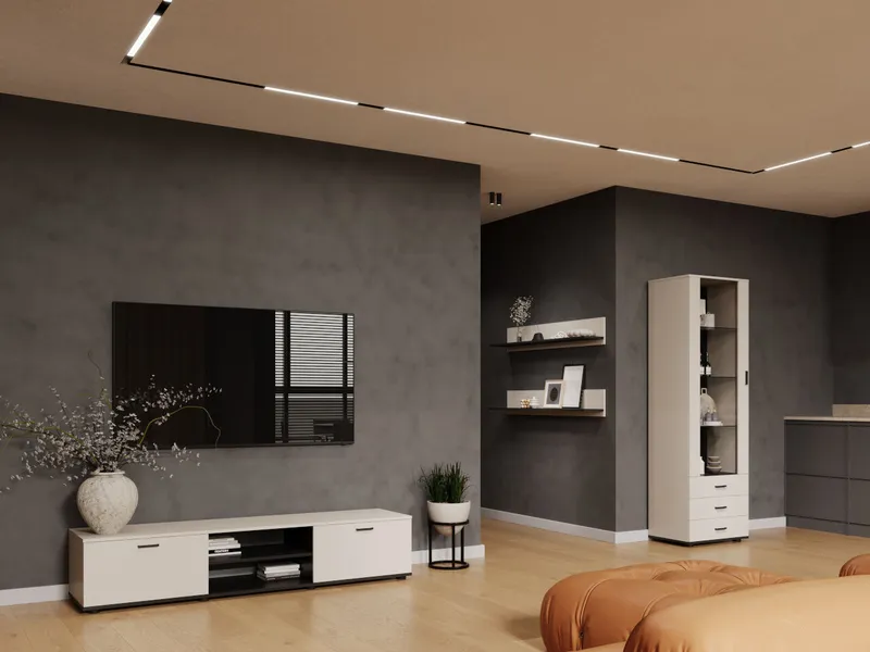 Zestaw Mebli Do Małego Salonu SINDI 1J Kaszmir Z Witryną Wysoką I Komodą RTV 180 cm - Czarny