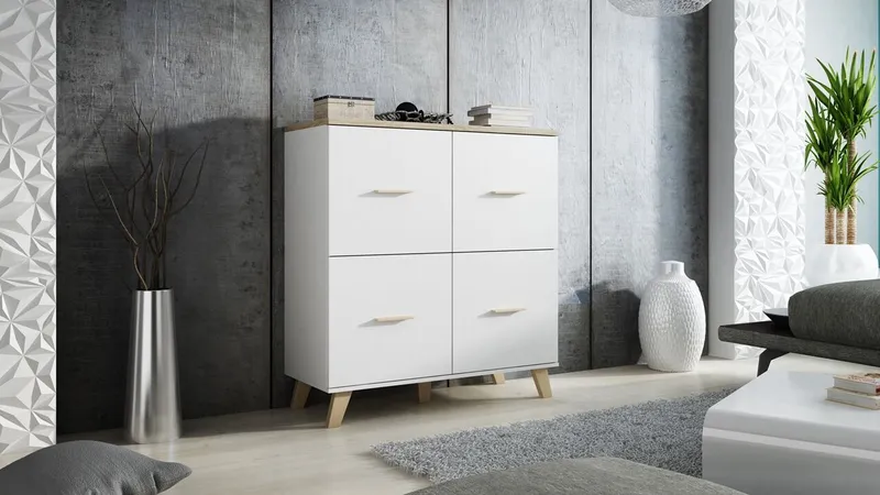 Komoda LOTAR 110 4D Biel Brylantowa / Dąb Sonoma