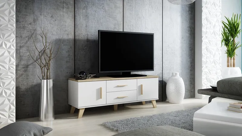 Komoda RTV LOTAR 140 Biel Brylantowa / Dąb Sonoma
