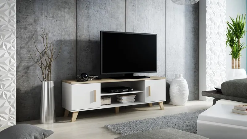 Komoda RTV LOTAR 160 Biel Brylantowa / Dąb Sonoma