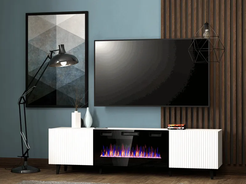Komoda RTV FASO 180 Z Kominkiem - Biała