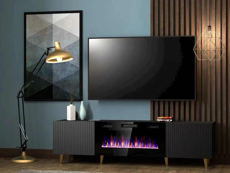 Komoda RTV FASO 180 Z Kominkiem - Czarna