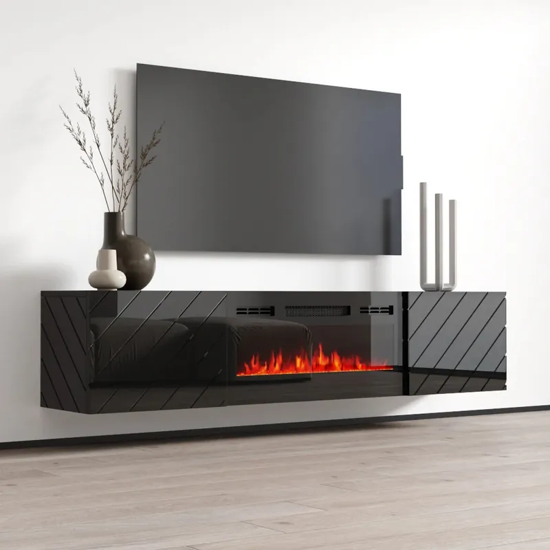 Komoda RTV LUXO EF Czarna / Kominek Czarny