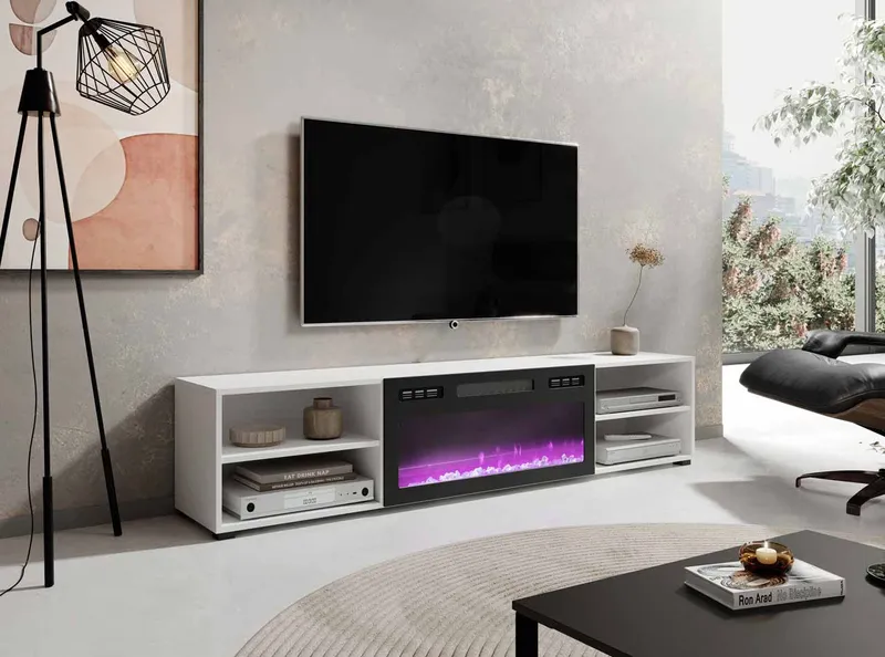 Komoda RTV LOOP 180 EF Biała / Kominek Czarny
