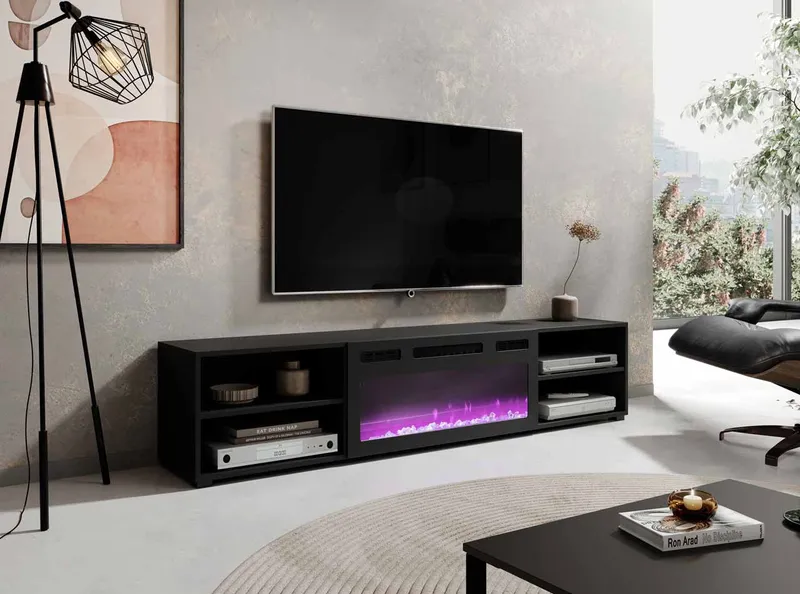 Komoda RTV LOOP 180 EF Czarna / Kominek Czarny