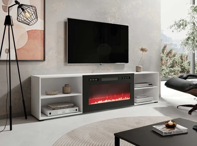 Komoda RTV LOOP 200 EF Biała / Kominek Czarny