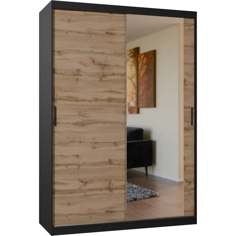 Szafa Przesuwna Z Lustrem VALTURA 150cm Czarny / Dąb Wotan