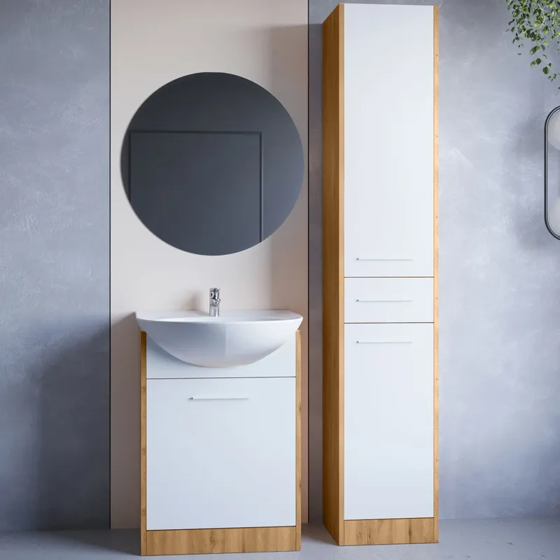 Meble Do Łazienki Z Lustrem NEPPA LONG Dąb Artisan / Biały Laminat