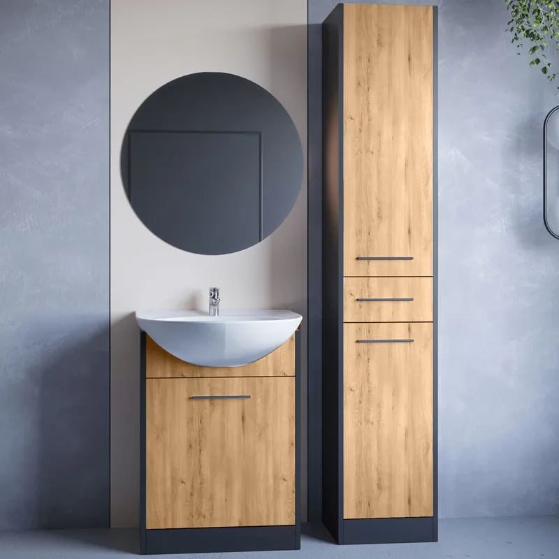 Meble Do Łazienki Z Lustrem NEPPA LONG Czarny / Dąb Artisan Laminat