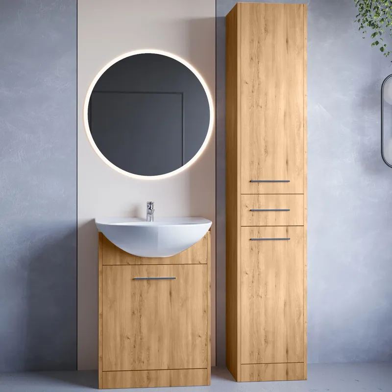 Meble Do Łazienki Z Lustrem NEPPA LONG LED Dąb Artisan Laminat