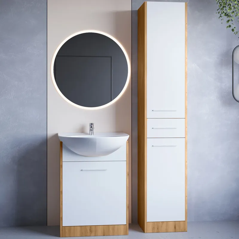 Meble Do Łazienki Z Lustrem NEPPA LONG LED Dąb Artisan / Biały Laminat