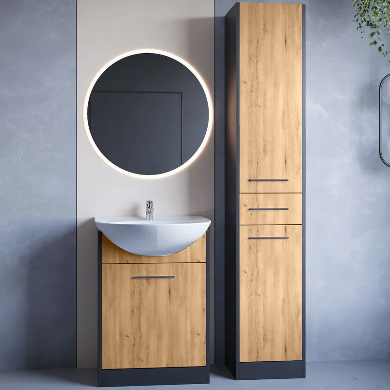 Meble Do Łazienki Z Lustrem NEPPA LONG LED Czarny / Dąb Artisan Laminat
