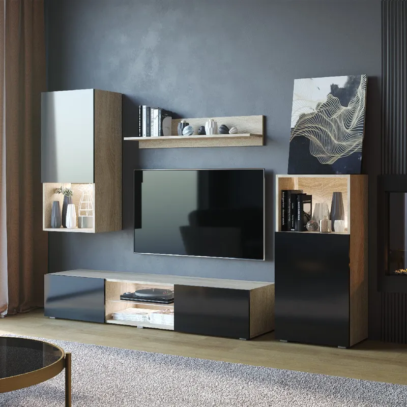 Meblościanka LOFT Dąb Sonoma / Czarny Połysk