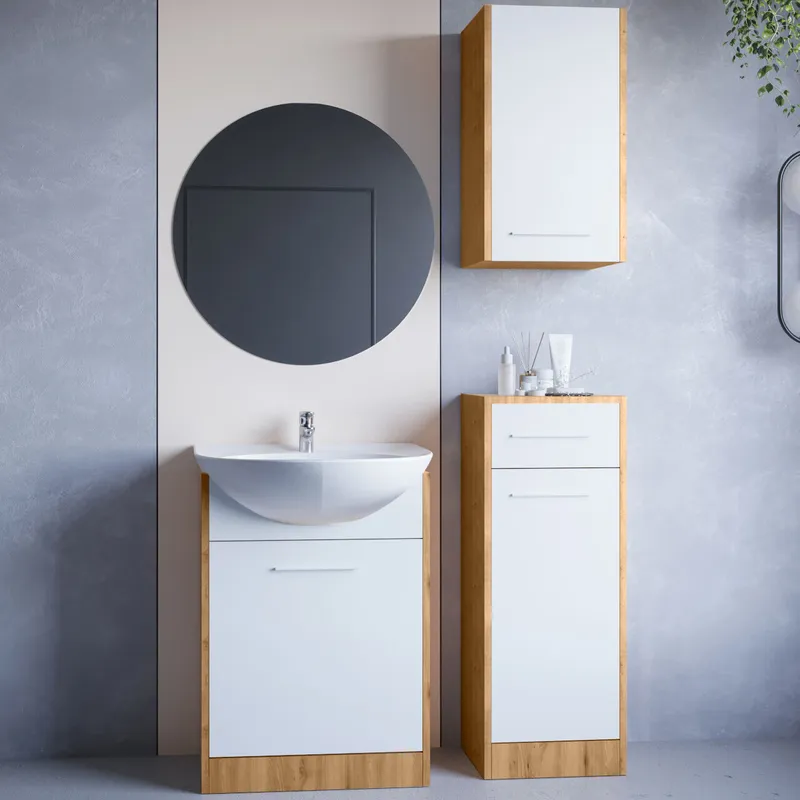 Meble Do Łazienki Z Lustrem NEPPA Dąb Artisan / Biały Laminat