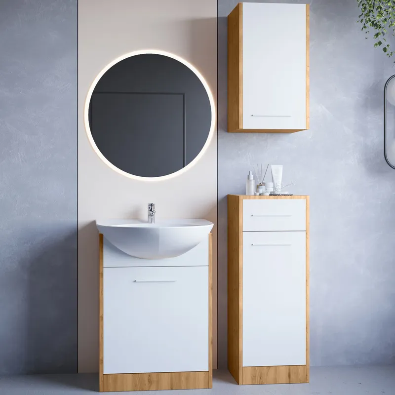 Meble Do Łazienki Z Lustrem NEPPA LED Dąb Artisan / Biały Laminat