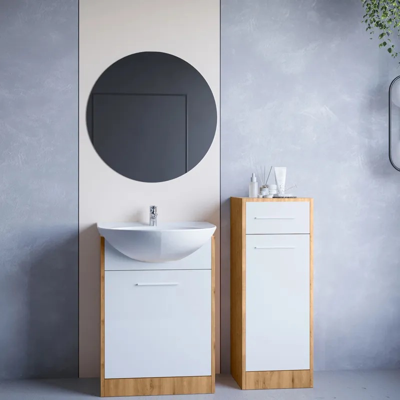 Meble Do Łazienki Z Lustrem NEPPA MINI Dąb Artisan / Biały Laminat