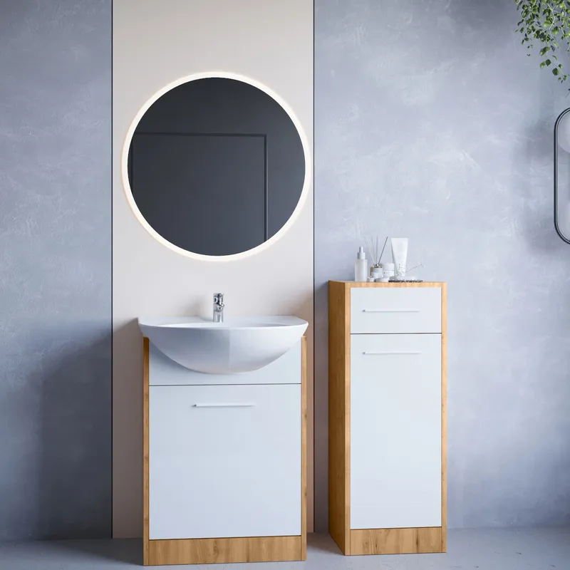 Meble Do Łazienki Z Lustrem NEPPA MINI LED Dąb Artisan / Biały Laminat
