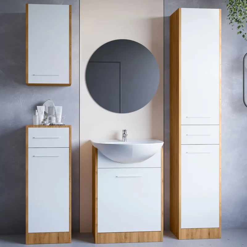 Meble Do Łazienki Z Lustrem SLIDO Dąb Artisan / Biały Laminat