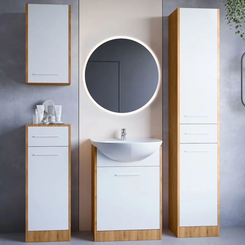 Meble Do Łazienki Z Lustrem SLIDO LED Dąb Artisan / Biały Laminat