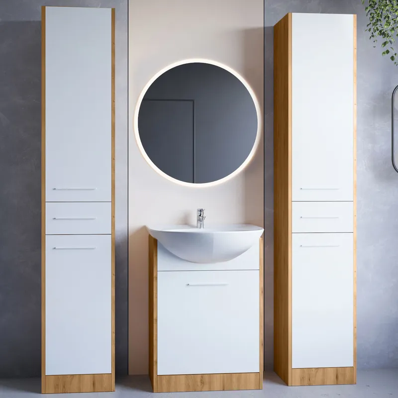 Meble Do Łazienki Z Lustrem SLIDO MAX LED Dąb Artisan / Biały Laminat