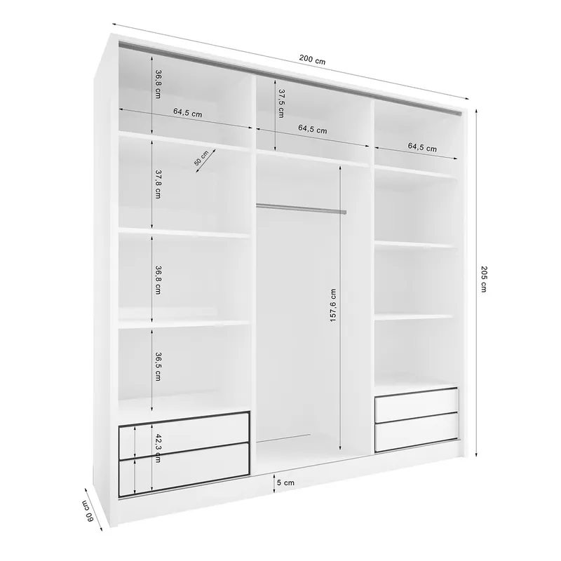 Szafa Przesuwna Z Szufladami CETI C 200 Szary / Dąb Wotan / Czarny