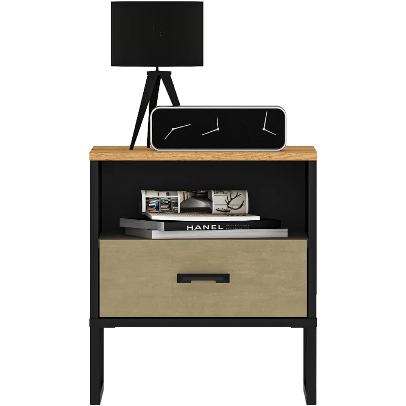Szafka Nocna CLINT 08 Dąb Craft Złoty / Czarny / Stal Premium