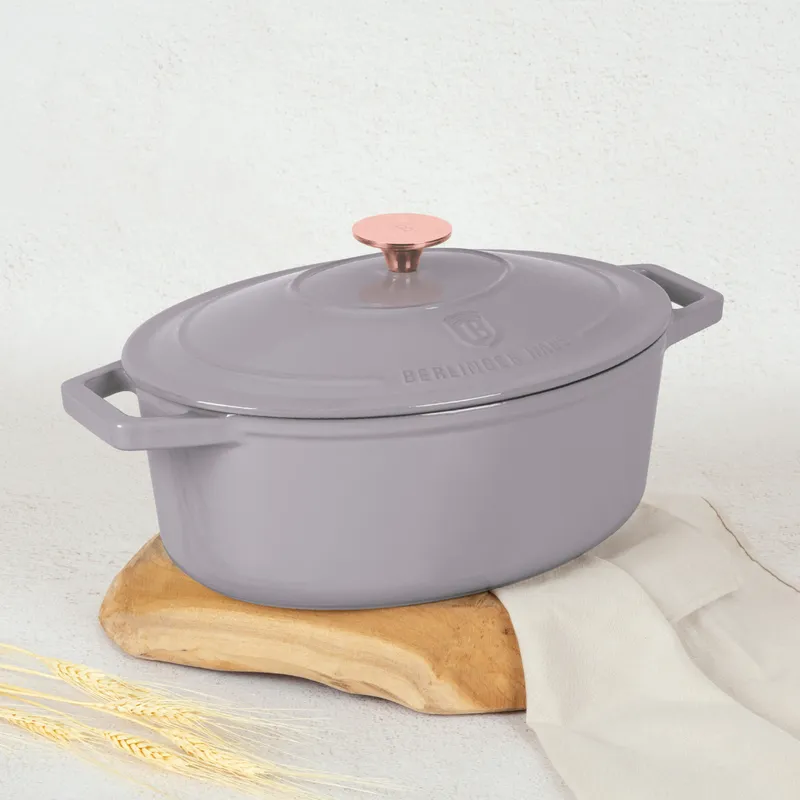 Garnek Żeliwny Owalny 4,65l Z Pokrywką 30cm BERLINGER HAUS Taupe BH-6541