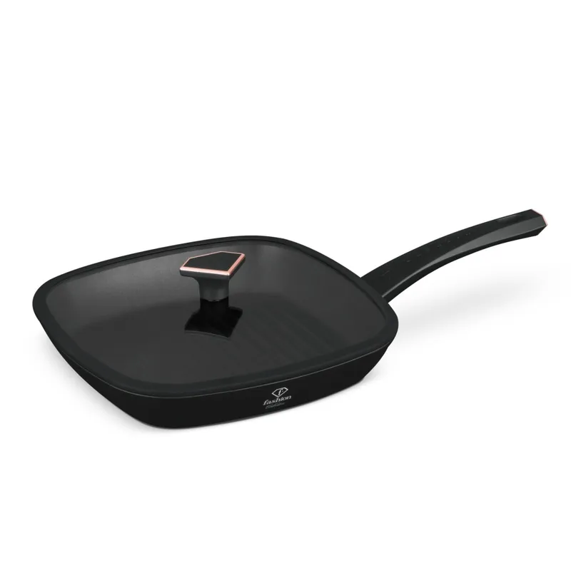 Patelnia Grillowa 28cm Z Powłoką Tytanową + Pokrywką FASHION TV FTV-0034 Matte Black-Rose Gold