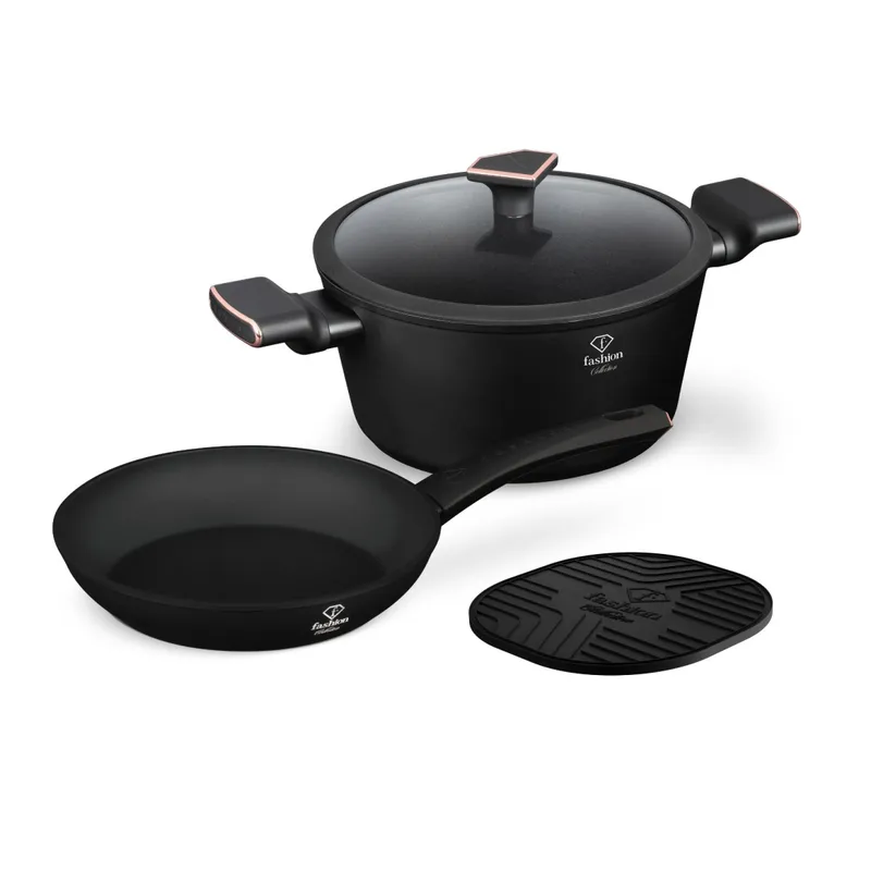 Zestaw Garnek Z Pokrywką I Patelnia 24cm + Podkładka FASHION TV FTV-0047 Matte Black- Rose Gold