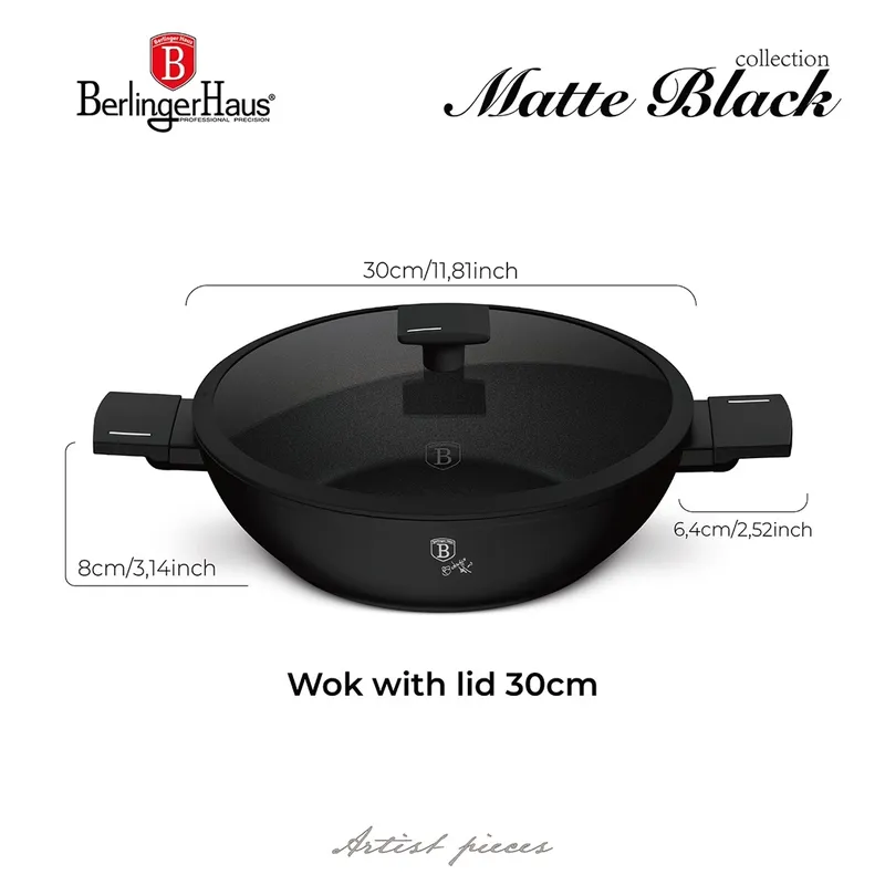 Wok Z Pokrywką 30 cm Matte Black BerlingerHaus BH-8182
