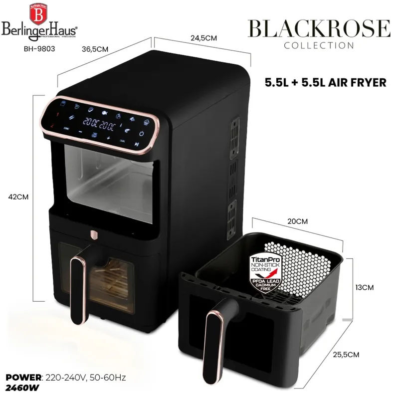Air Fryer Frytkownica Beztłuszczowa Podwójna 11l Black Rose Collection BerlingerHaus BH-9802