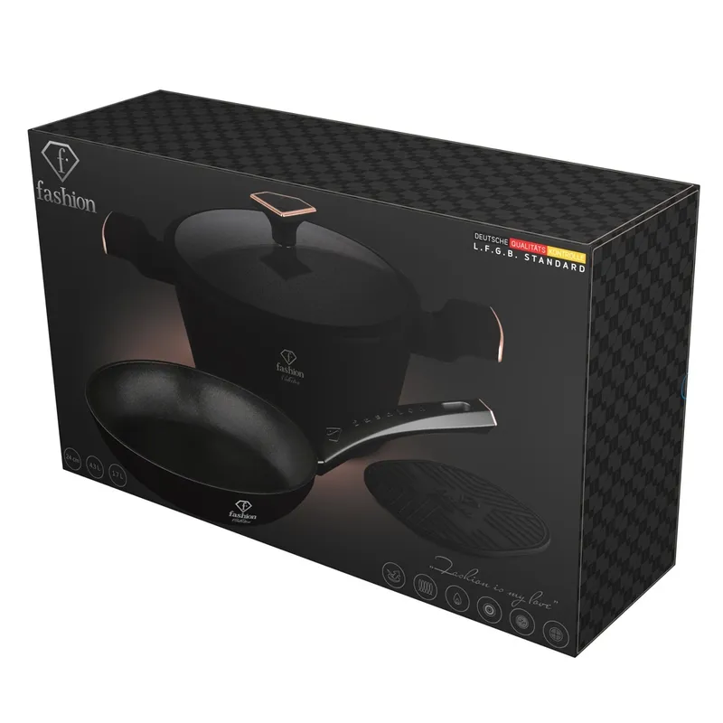 Zestaw Garnek Z Pokrywką I Patelnia 24cm + Podkładka FASHION TV FTV-0047 Matte Black- Rose Gold