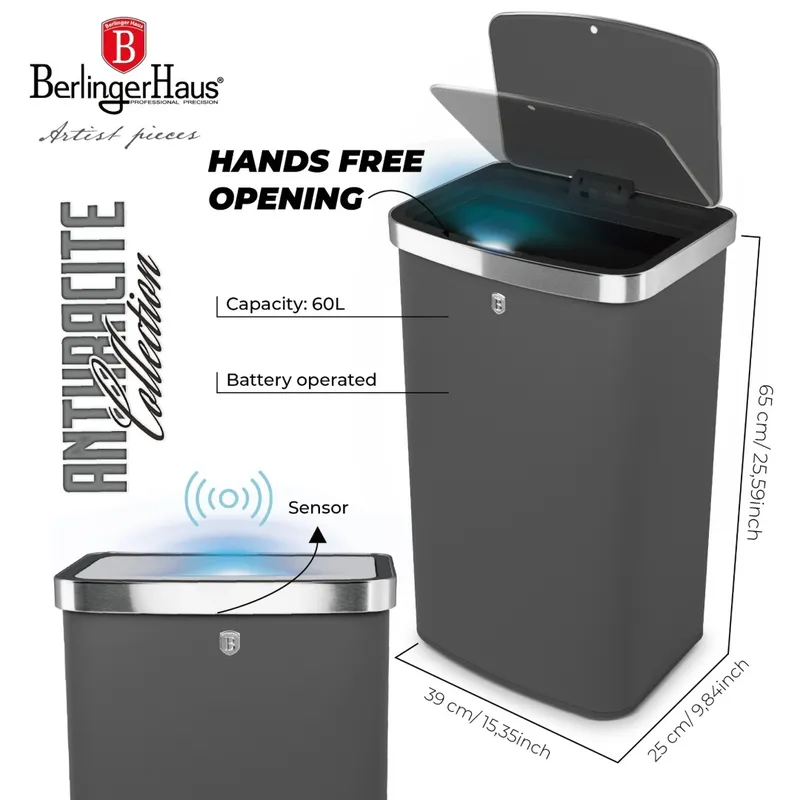 Kosz Na Śmieci Sensoryczny O Pojemności 60l Antracit BerlingerHaus BH-9798