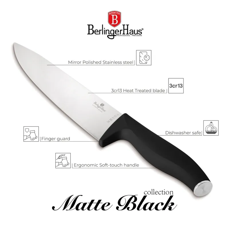 Noże Kuchenne | Komplet 5 Noży Z Listwą Magnetyczną BerlingerHaus Matte Black BH-2943