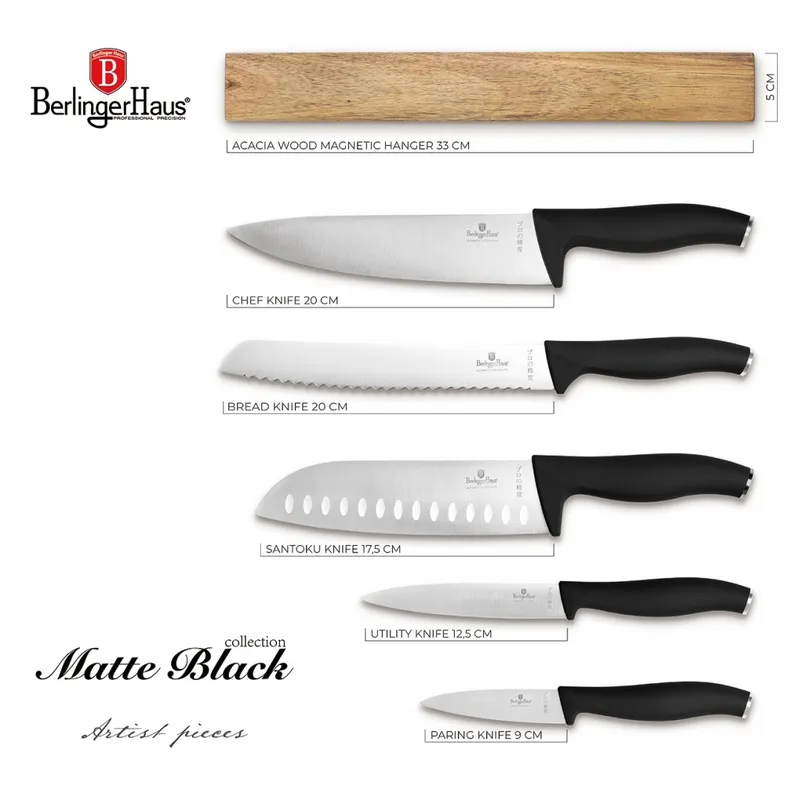 Noże Kuchenne | Komplet 5 Noży Z Listwą Magnetyczną BerlingerHaus Matte Black BH-2943