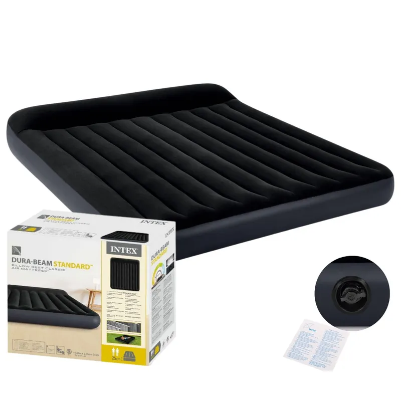 Duży Materac Dmuchany Dwuosobowy 203x183x25 cm Łóżko Z Zagłówkiem INTEX