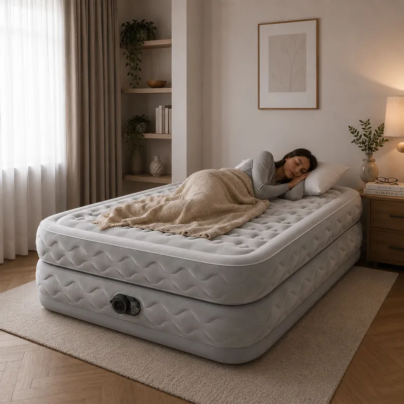 Duży Materac Dmuchany Dwuosobowy 203x152x51 cm Z Wbudowaną Pompką
