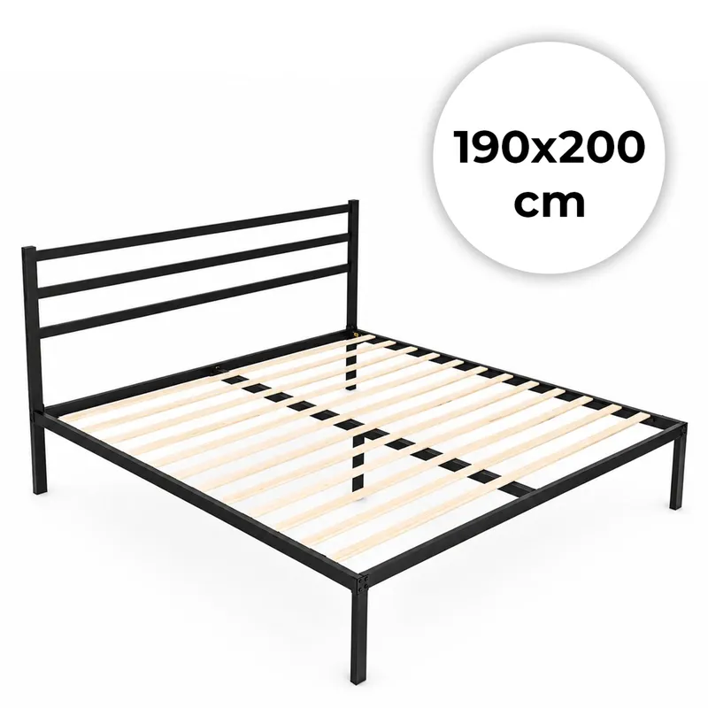 Łóżko Metalowe 190x200 cm Ze Stelażem Zagłówkiem - Czarna
